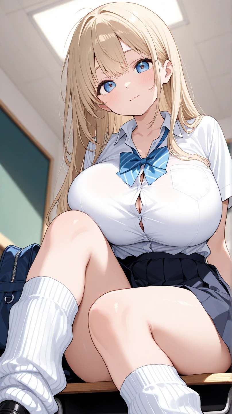 masterpiece, best quality, SimplePositiveXLv2, yuuki asuna, 1girl, solo, long hair, breasts, large breast, curvy, blonde hair, shirt, crop shirt, cleavage, navel, skirt, school_uniform, stockings, strip skirt,blush, Embarrassed, POV, looking at viewer, school, indoors, classroom, Table, sitting on the table, spread legs, underwear, g string, thong