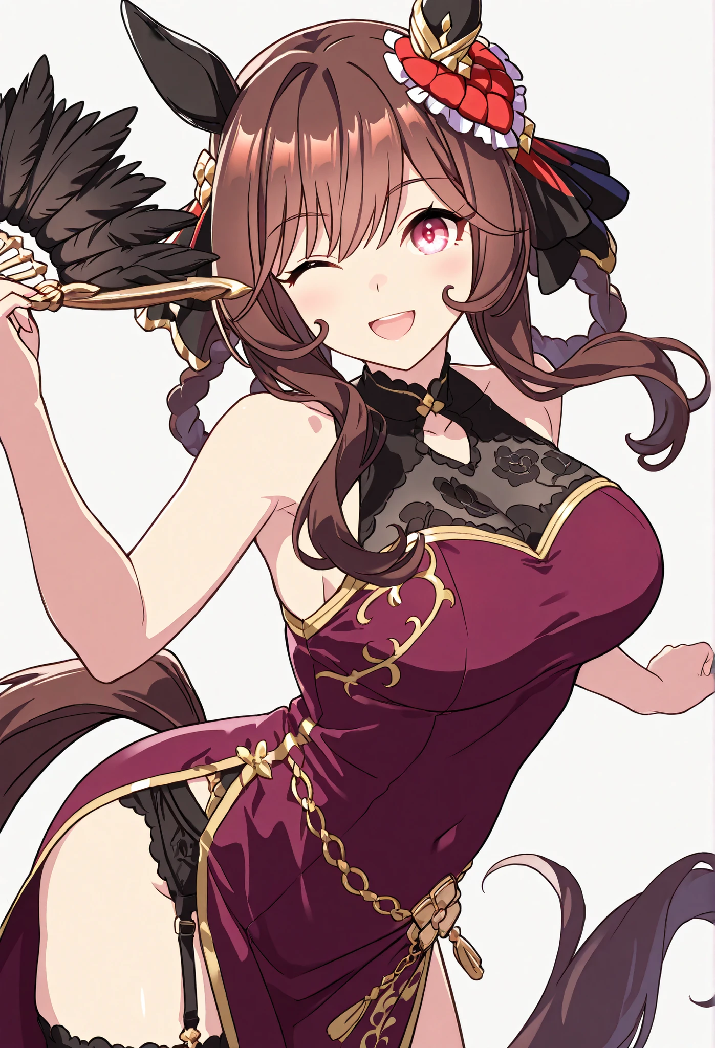 1woman:1.3}}}, ,{{{Gentildonna:1.5,Uma Musume:1.4,,Horse Ears,Horse Tail,}}},{{{Big breasts:1.4,large breasts:1.4}}},{{{masterpiece}}},{{{top quality}}}, {{Super Detailed}}, {{very delicate and beautiful}}}, {{{8k}}},{{{flat color:1.0}},{{{type-moon:1.5},{{{face focus:1.4}},{{{sexy pose}},,{{{white background,simple back ground}}},{{{sexy pose,dynamic pose}}}{{{open mouth,happy smile}}} }{{{batch:1.5}}}{{{face focus}}},\(umamusume\){{{upper BODY}}},、{{{winking}}} soft lighting,dynamic pose, throwing a powerful punch” 美しい影, 1girA (( China dress with a feather fan, open back and embroidered with golden flowers and dragons, dark purple china dress、Chestカットアウト、Chest、garter belt、Garter Straps、pelvic curtain、sleeveless、side slit、hair flower、