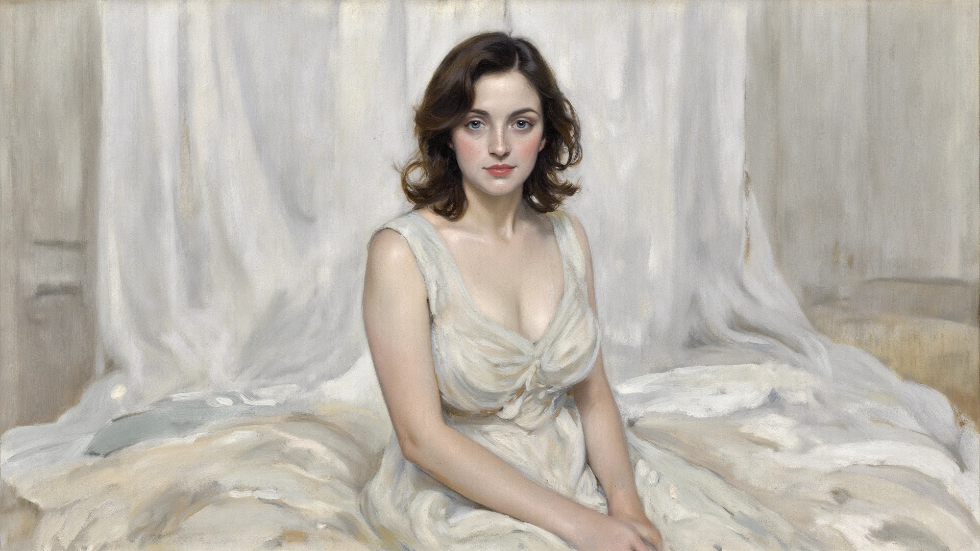 A painting of a woman with Gigantic saggy breasts, Milk breasts, for milking, Huge nipples,  sitting by open window witha bird purched on the ledge, clay interior walls, her eyes closed, perfect arms and hands, elegant in nature, beautiful backlighting on hair, full lips, wavy hair, up-do, her elbow leaning on arm of chair, {{Antique rosewood armchair / Georgian button back chair}}, with her hand resting under her chin, smiling about the events of the day, wearing a beautiful polka dots dress, with exposed cleavage, {{nudity}} breasts exposed and hanging out, {{1 breast out leaking milk from nipple}}, ((golden ratio}} sleepy after a long day, a sensual painting, a Beautiful expressive painting, Wadim Kashin. Ultra photo realism, Louise Ross, digital painting art, Perceptual digital painting, Stylish digital painting, Bonito painting, glossy digital painting, beautiful digital painting, digital art painting, Fine paintings, thick strokes, pallette knife, impasto, Albrecht Dürer, Rembrandt, baroque art, alla prima, sfumato, chiaroscuro, intense light, {{catchlight}}