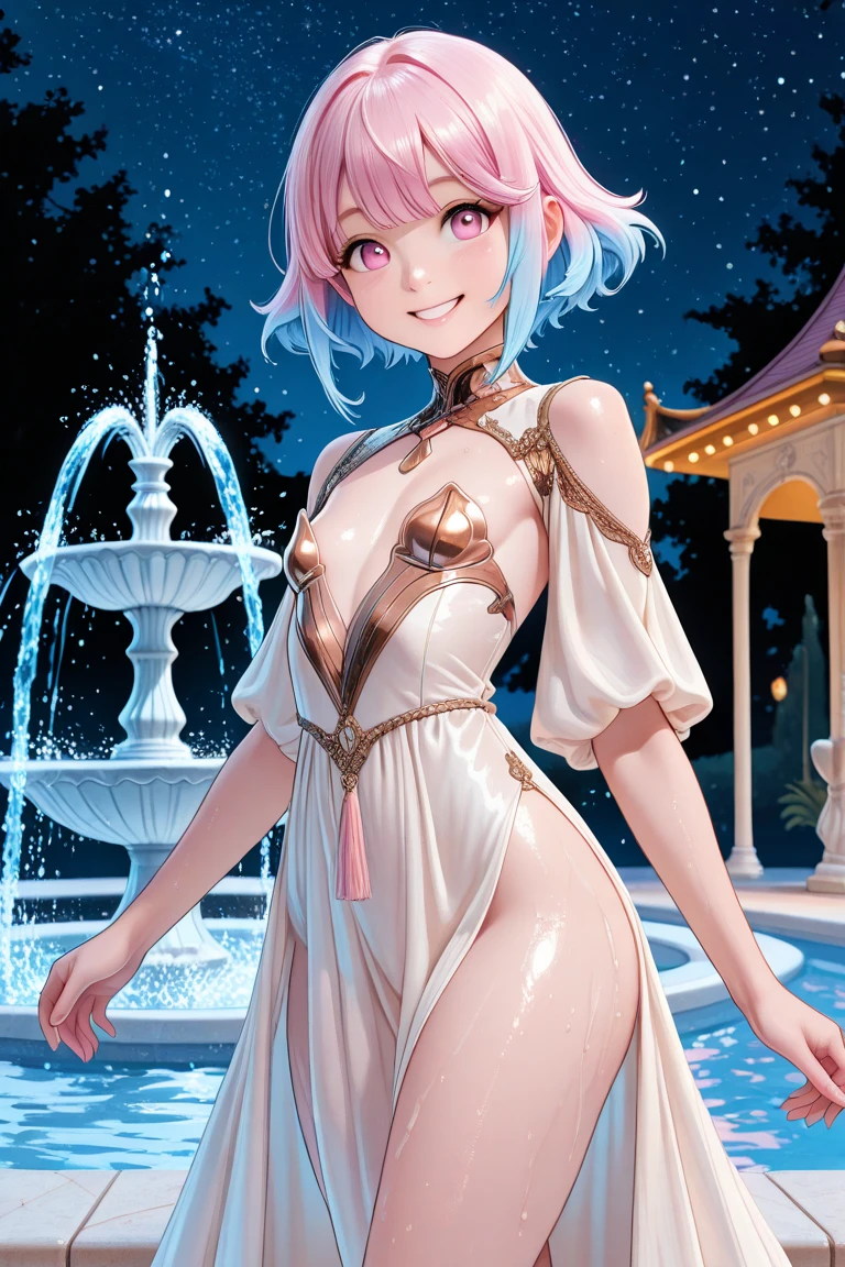 ((harem dancer outfit)), Gloss Outfit, skinny, solo, 1 woman, Masterpiece, highest quality, highest quality, 16K, incredibly absurd, highly detailed, 2.5D, ai-generated, delicate and dynamic, very delicate facial expressions, delicate eye depiction, erotic, only sexy woman, ((A cute and kind face)), healthy figure, ((25-year-old woman)), 160cm tall, medium firm swaying bust, (short hair), (pink hair:1.5), bob cut, black eye, blush, Sweat,Embarrassed,sexy, ((thin thighs)), (camel toe:0.8), (Erect nipples:0.9), (visible nipples:0.9), ((shiny and lustrous)), facing straight at viewer, smile, (standing), cowboy shot, ((arm at side)), Large park, daytime, bright, on the grass,