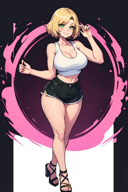 (top-quality、masterpiece)、1girl in、28 year old、A stunning、A smile、a blond、pink clothing、Brown-skinned、sun burn、Mole、(Colossal tits)、large full breasts、Sheer areol、A sexy、sexypose、I see underwear