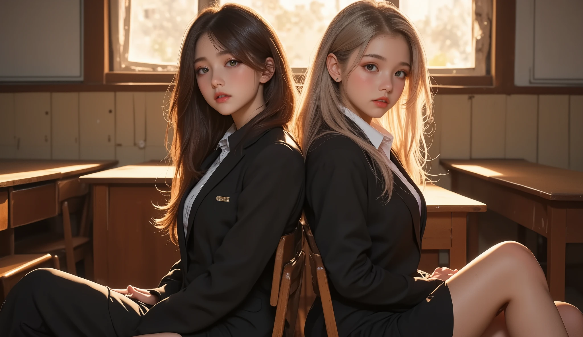 Young beautiful 16-year-old blondes with perfect measurements in school uniforms
