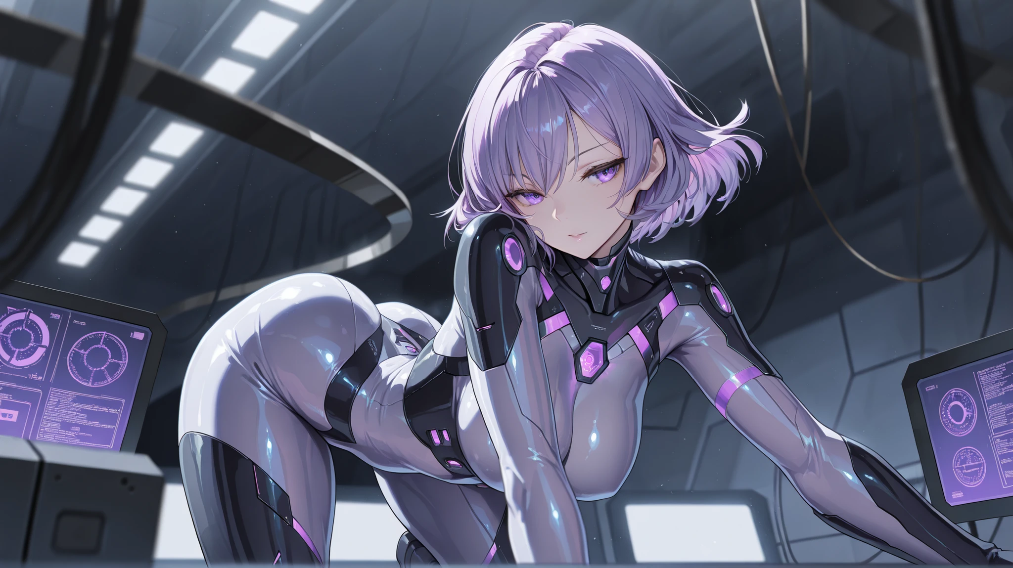 ,Highest quality,Silver Hair,Lion tail,Lion ears,Purple Eyes,Very short hair,Straight Hair,Flat breasts,Slanted Eyes,Battle Suit,Bedroom,On the bed,slender,
