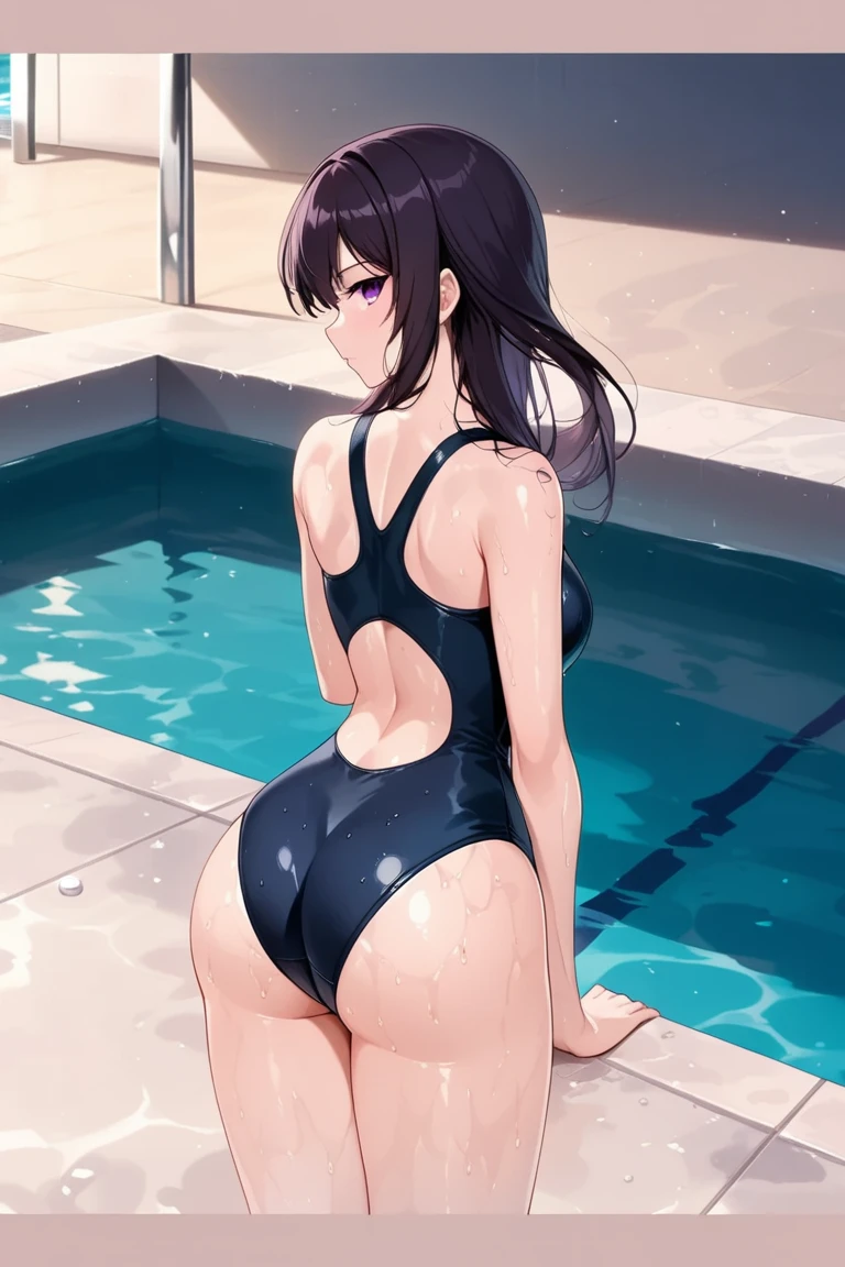 (masterpiece, best quality:1.2), 1 girl, alone , sexy , (school swimsuit), cowboy shot, black hair ,hair bun, (Sweat),  (pool_backlground) , outdoor , kneeling , (from behind ,ass)