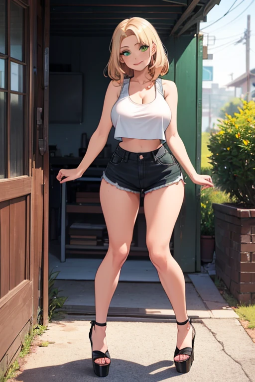 Create an image of a 20-year-old teenage woman named Zoe. He has an angelic face with red eyes, White skin. its height is 1,70 meters and has a detailed physique with large, firm breasts. His short hair, pixie style, He is blonde and straight, just above your shoulders, Wear a white tank top, neckline, Sexy Bar Mini Shorts with Denim Thong, low rise, High socks,, visible navel, thing legs, thin legs, long legs, walking. Zoe's pose is straight and firm, looking towards the camera with a smile eyes expression happy