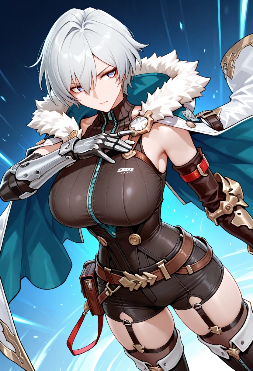 fantasy, 1angel_girl,young_teen, ,silver_hair, short_hair, long_bangs, halo,bare_shoulder,thighhighs,silver_armor, waist_armor, large_breasts,sleepy,half_eyes,1pair_wings, dynamic_pose_fighting,floating, bare_crotch, headgear,gauntlet, greaves,city_background,slightly_spread_legs, solo, groin_naked,