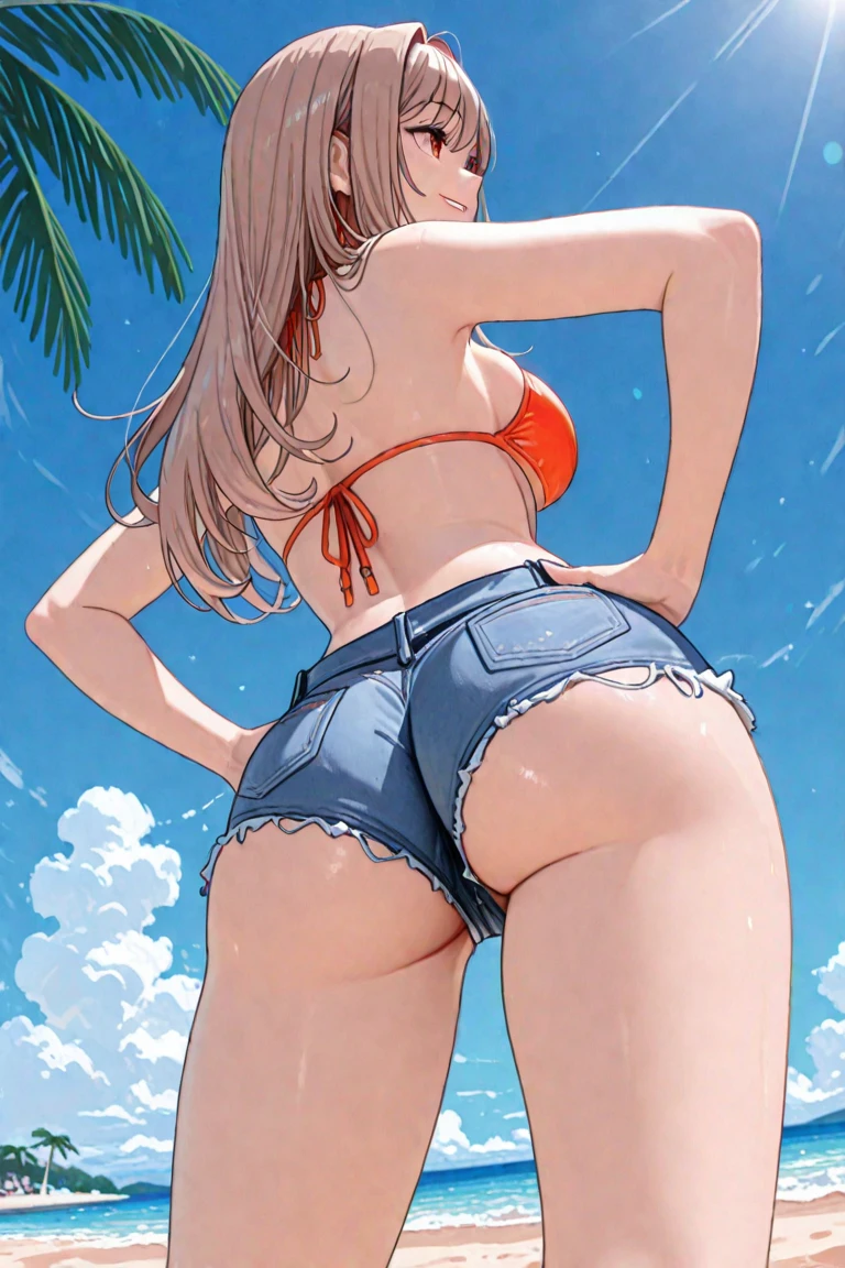 summer、Ocean、blue sky、beautiful girl、bikini、sexy、Low angle、Back view、Hip Focus
