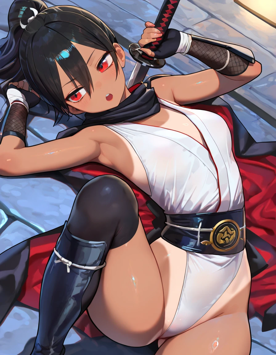 A woman is sitting in a ninja outfit.