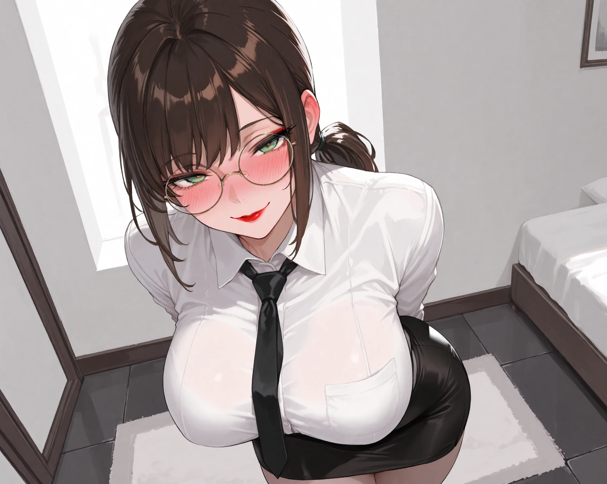 Best quality,masterpiece,brown hair,Big breasts,Perfect body,full-body shot,Wearing glasses,36 mature beauties,anime style,,(a young mom with big breasts,narrow waist,bare shoulders,background:bedroom,sitting on the bed),((Subjective)),look here, cowgirl position,((front)),Looking up, look at the viewer, camel toe, m legs, lingerie, Shiny body, paizuri, dildo, Squatting, fellatio,pubic hair