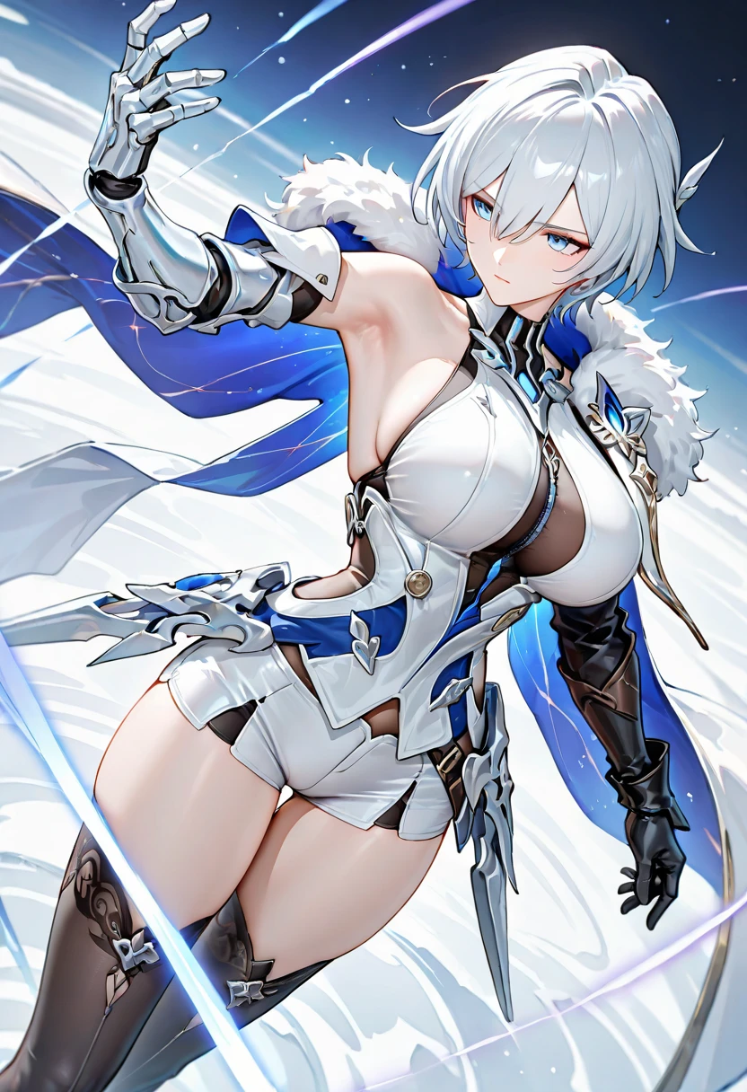 a young woman with shoulder-length, wispy white hair that gently frames her face, giving her a soft, ethereal appearance. Her eyes are a striking lavender, conveying a sense of mystery and depth. She wears a layered outfit consisting of a long white dress with a subtle shimmer, suggesting a silky texture, and a hint of a dark, form-fitting bodice peeking through the neckline and cleavage. Over this, she has a large, open-fronted coat with oversized sleeves, the coat's interior and cuffs are adorned with pale blue accents and silver trim, giving a regal and slightly otherworldly effect. She carries a large, black weapon slung over her shoulder; the weapon has a futuristic design with a sleek profile, suggesting advanced technology or magic. Her overall demeanor is confident yet approachable, and she stands straight, her posture commanding but not aggressive. The background should be a neutral gradient to keep the focus on her, evoking a sense of calm and stillness." 8K Ultrasharp