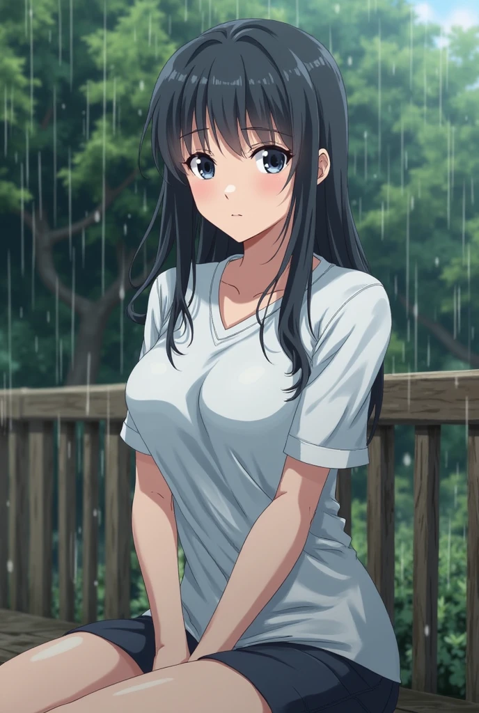 masterpiece, best quality, outdoors, field, grass, forest, rain, water drop,
1girl, solo, looking at viewer, cowboy shot, leaning forward, head tilt, shirt, blue shirt, collarbone, short sleeves, t-shirt, off shoulder, oversized shirt, naked shirt, oversized clothes, see-through silhouette, see-through shirt, large breasts, covered nipples,