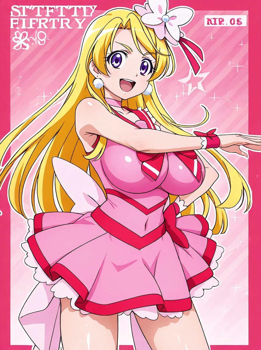 aikatsu,Blonde_HAIR,RED_HAIR_band,masterpiece,{a cartoon character is wearing an apron and a dress, 1girl, hoshimiya ichigo, apron, blonde hair, long hair, breasts, solo, smile, naked apron, large breasts, cleavage, looking at viewer, blush, pink apron,ass Focus