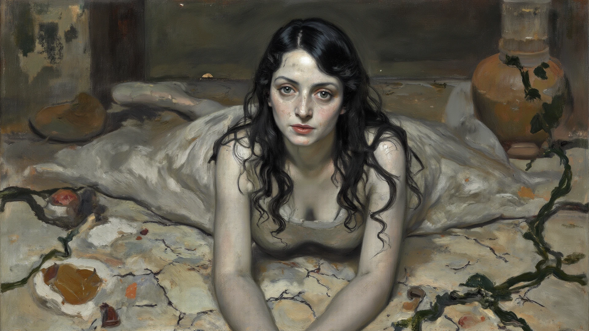 naked woman on the couch, wind moving the curtains, perfect natural lights, realism, caravaggio style paint, Oil Painting