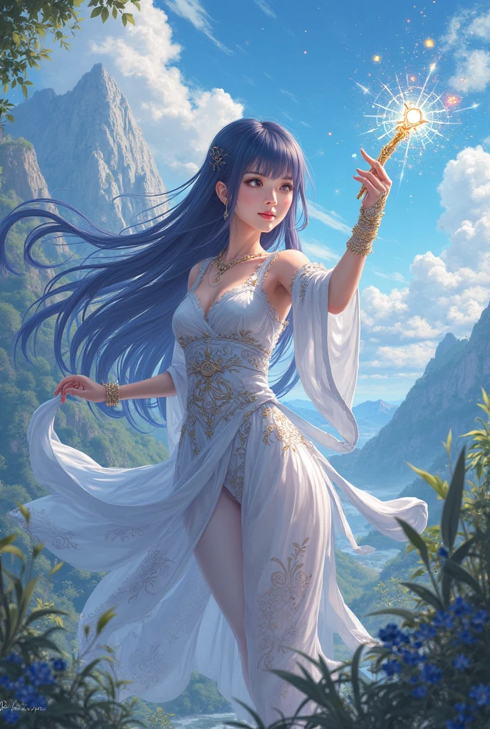 a goddess dance on top of a mountain, half real, half illusion, dreamy, surrealistic, fantasy, hyper beautiful, rainbow color hair wave in the air, smile brightly, happy, sexy