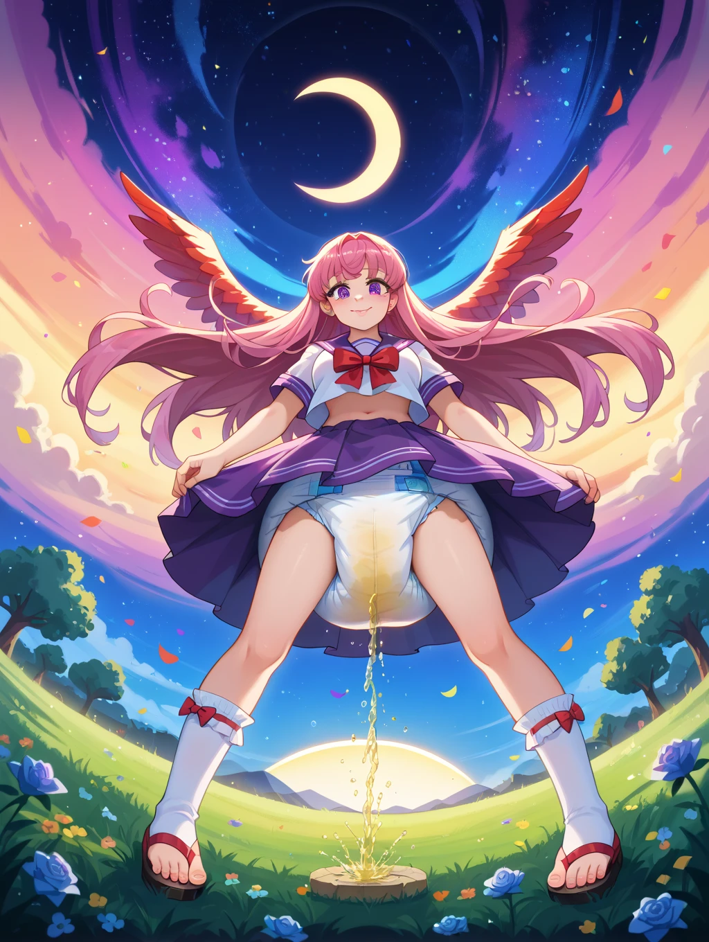 (((spread legs)))、((Rainbow Magical Girl Costume))、(((Panty shot)))、Beauty、Purple hair short ponytail、((whole body))、(((photo taken from below)))、night sky、The background is darkness