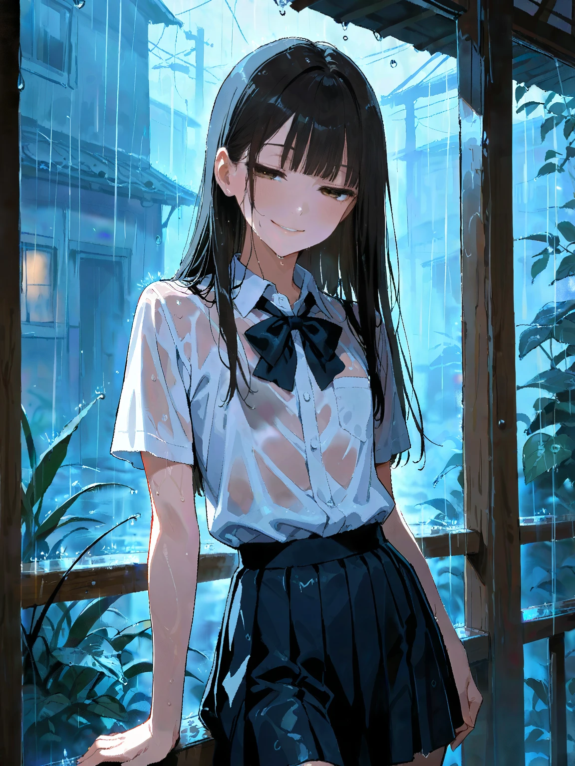 (masterpiece, best quality:1.5), (ultra detailed, high resolution, 8k, beautiful detailed, UHD, best anatomy), 1 cute elf, black hair, small breasts, business shirt, Flared skirt, Rain soaked my whole body and clothes, Wet from the rain, her underwear is showing through, A troubled expression, outdoors, taking shelter from rain