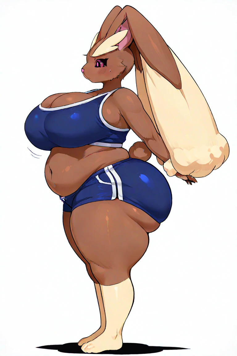((Dark skin)), ((dark skinned female)), ((brown skin)) ((giantess)), ((strongfat)), ssbbw, obese, ((strong arms)), white hair, blue eyes, ((tall)), (gentle smile), (wrestling gear), gigantic, insanely large belly, sweaty, subtle blush, (bare arms), ((gigantic biceps)), leotard, fingerless gloves, ((wrestling ring background)), clear face, large eyes, ((heavy shading on lower half of the body)), ((large bicep muscles)), ((looking down at viewer)),