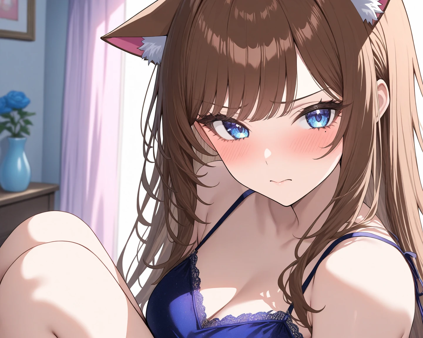 ((Masterpiece)), (High Definition:1.3), (profile), best quality, 8K, from above, Textured skin, cinematic lighting, 1girl, wide-shot, many dropping white mucus, blowjob, (Cute innocent girl), very messy medium hair, (kissing a penis:1.5), naked erect nipples, (exposed naked small breast and tongue), very sweaty, ((very lewd face)), smile, ((very dropping saliva)), cat ears, pale brown hair, dim bedroom