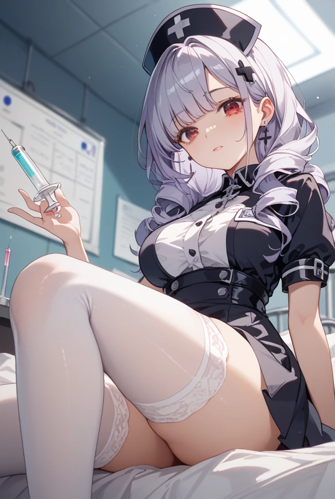 top-quality、supreme1People Girls,hightquality,A detailed face、A detailed eye、Detailed nose、Detailed mouth、 Beautiful expression, ((masuter piece)), ((High resolution)), ((Best Quality)), detail, (NSFW:1.4 ,Ecstatic,cum on), ((Skin shiny with sweat)), (shool uniform:1.2、Loose socks)、 girl with, silber hair, (a short bob)、sit down and open legs:1.3、fair white skin:1.3、、Smaller chest, cinmatic lighting, perfectly shaded,(((girl's own room))), Realistic lighting with shades,Reflecting the whole body