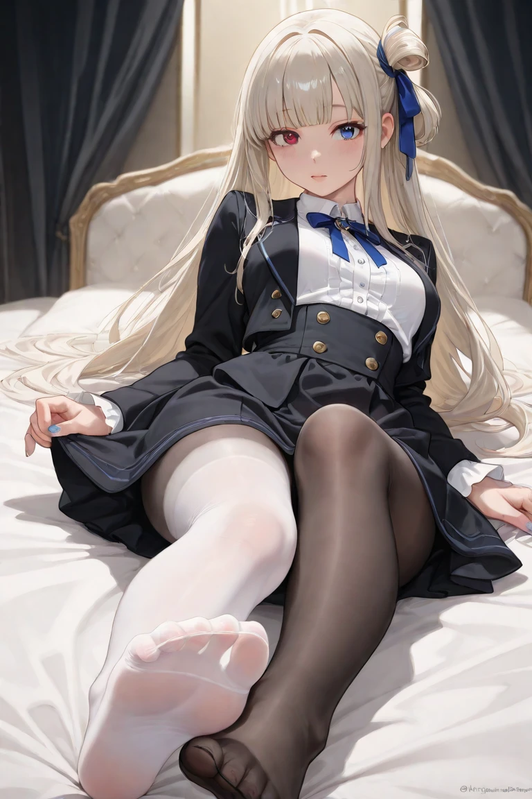 Top quality, masterpiece, High resolution, (Head to toe full body view), Front view from slightly below, symmetrical composition, Composition with accurate balance throughout the body、18 years old, slim and beautiful girl, alone, (Small breasts), (No shoes),Messy Hair, bangs, (black tights), (Black Pantyhose), (Sitting on the floor with legs apart), (A pose in which the legs are spread apart on the bed), tied up with both arms hidden behind the back, (Composition showing white panties), (her legs spread、I see white panties.), (Open mouth with a pained expression), blush, Shy big eyes, Looking at the camera, Blazer uniform, Checkered Pleated Skirt