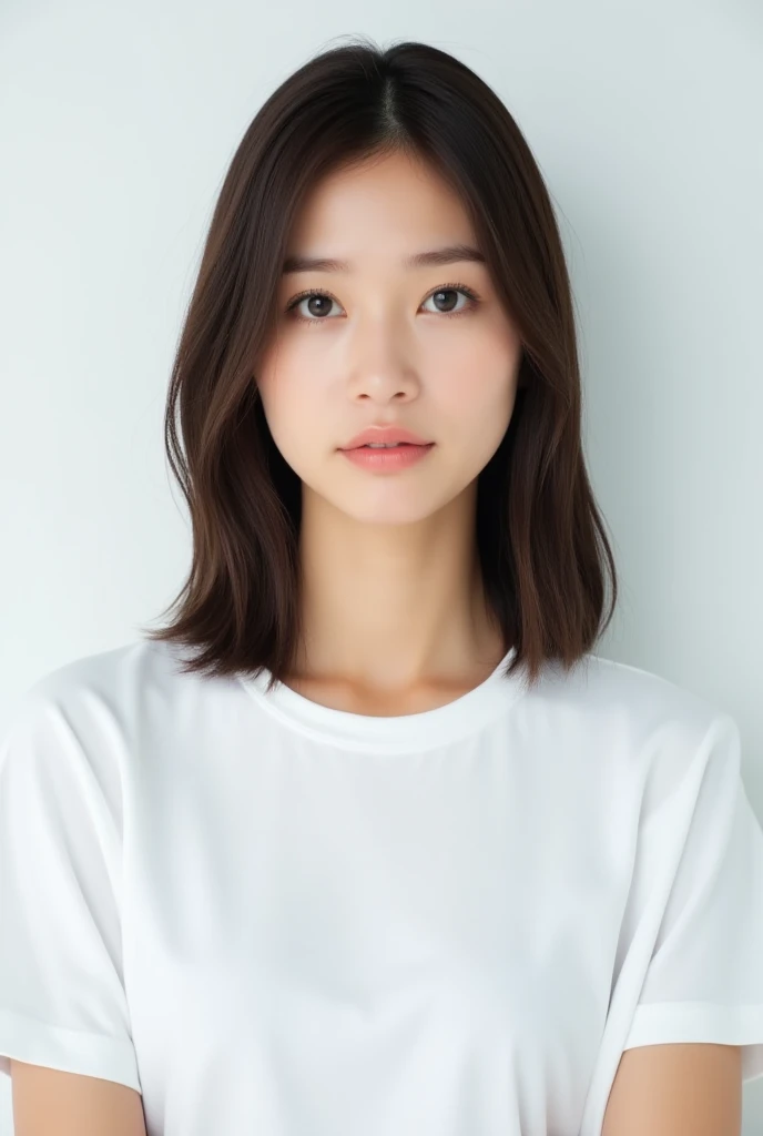 Top quality, Reality, 8K, HD, 1 girl, Miss, (Skin Indentation), (portrait: 0.6), Gorgeous, (White background: 1.82)), ((Large round breasts, Sleeveless white T-shirt: 1.75)), Look directly at the audience: 1.8, (1 girl Eyes, Medium Length Hair, Brown hair, partedbangs : 1.65), Reality, (Bokeh), (mouth close: 1.46), Gorgeous, Pure face_v1,