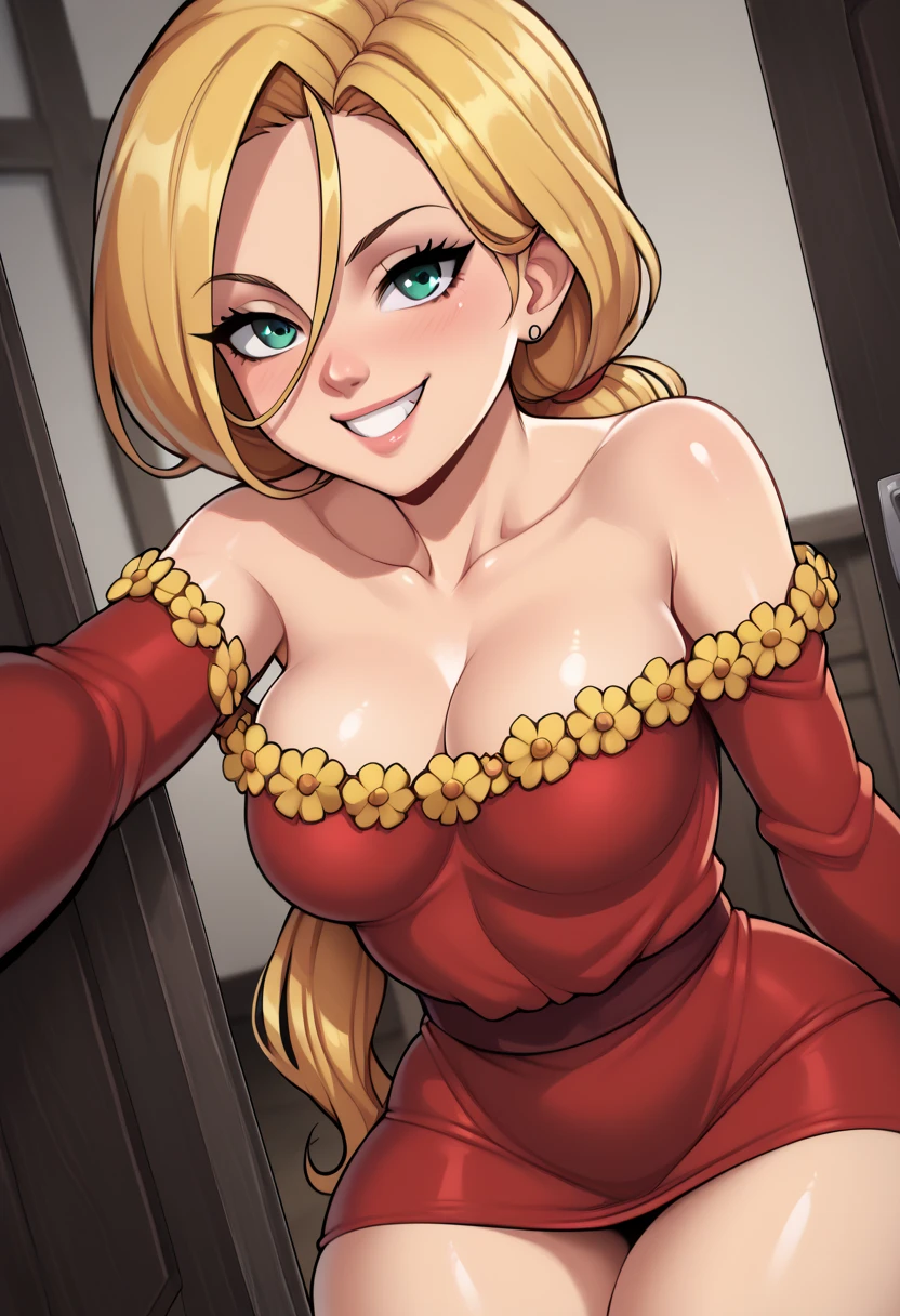 rosalina, crown, red dress, long dress, strapless dress, backless dress, long white elbow gloves, smile, light red lipstick, dark blue eye shadow, makeup, cowboy shot, (((breasts Focus))), (((sexy cleavage))), (1 girl),