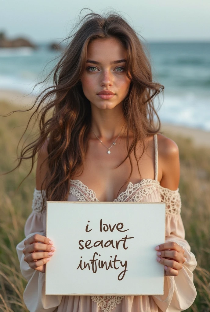 Beautiful girl with wavy long hair, bohemian dress, holding a white board with text "I Love Seaart Infinity" and showing it to the viewer
