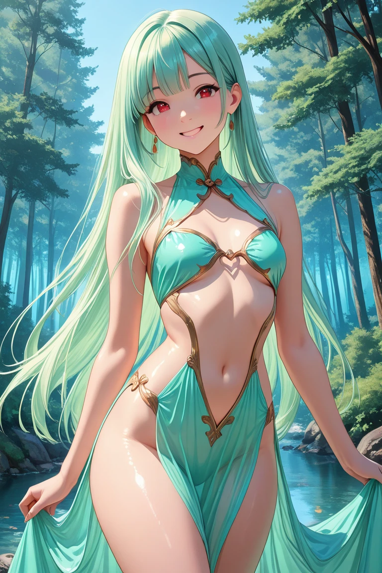 All realistic intricate details: "(medium shot, (1 girl ELF view), Aqua COLOR hair, blush, measurements 93 50, (mischievous expression), sitting near a cenote, (ELF whith open legs), clavicle, arcane, very short venus Bikini, bikini untied, twin braids, love pose, Side and natural lighting, In the background a cenote in the middle of the jungle, (image captured with: Canon EOS R50 camera with Canon R50 RF-S 18-45mm IS STM lens, sexy angle, hair and clothes blown up by strong wind))"