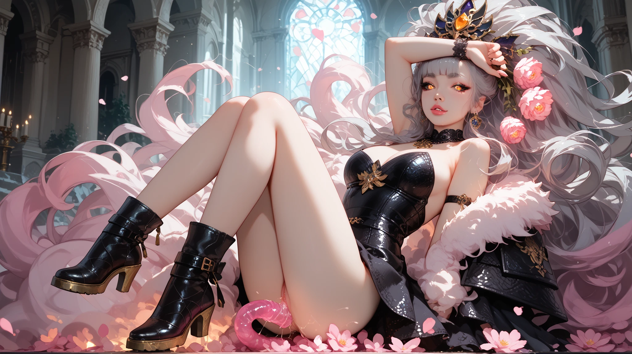 8K ultra hd, masterpiece, best quality, a beautiful girl, long hair, impressive hairstyle, crystal dress, silver dress, shining, glowing skin, pink lighting, space background, sitting poses,