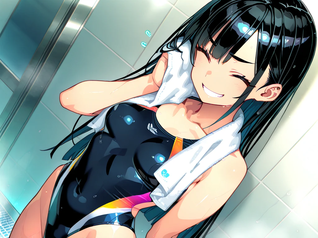 Micro Bikini,Parker jacket, (High resolution:1.4), (masutepiece:1.2), (High quality:1.3) 1girl, saten ruiko, green eyes, long hair, black hair, small breast, cinematic lighting, pov, dynamic angle, party pool, smile, open mouth