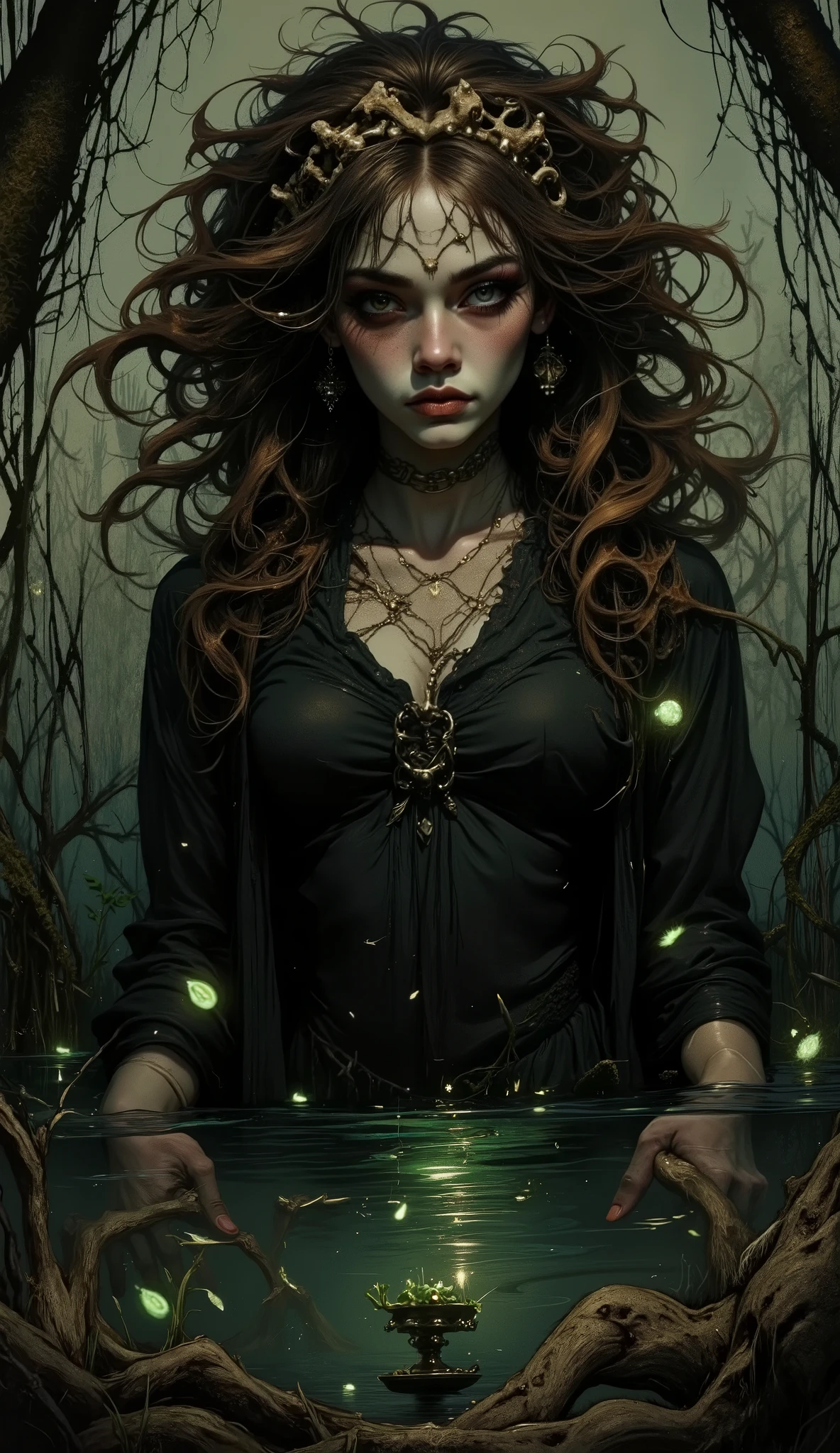 A gothic swamp witch standing waist-deep in murky waters, her hair wild and tangled with moss and reeds. A crown of twisted bone rests on her head, casting skeletal shadows across her pale face. Her dark robes ripple like liquid shadows, and in her hand, she holds a lantern filled with flickering green fireflies. The eerie light reflects off the surface of the water, where faint silhouettes of skeletal hands seem to reach toward her. The atmosphere is heavy with mystery and foreboding.
