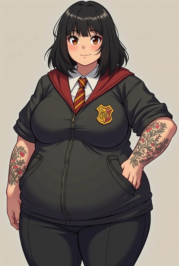 big breasts,((curvy thighs))  ((full body)) 1girl,tomboy (pixie cut),black hair, tan brown skin (masterpiece,mature,detailed, high quality)Hogwarts House Gryffindor ((long red cloak)), red tie, black mini skirt, black vest silver eagle chain around the neck, Hogwarts in the background, (looking at you)))

