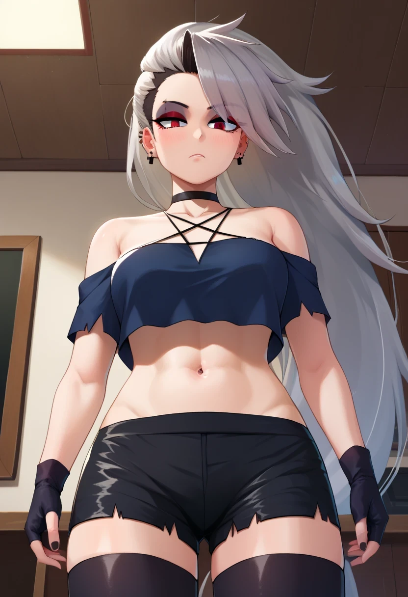 score_9, score_8_up, score_7_up, score_9,4k, HD, 8k, highres, antialiasing, detailed, texture, cinematic lighting, BREAK LoonaSDXL, 1girl, solo, long hair, looking at viewer, shirt, red eyes, thighhighs, gloves, navel, bare shoulders, jewelry, very long hair, grey hair, earrings, shorts, choker, black gloves, midriff, black thighhighs, fingerless gloves, black skirt, off shoulder, crop top, makeup, black choker, black shorts, piercing, ear piercing, eyeshadow, off-shoulder shirt, cowboy shot, room, from below