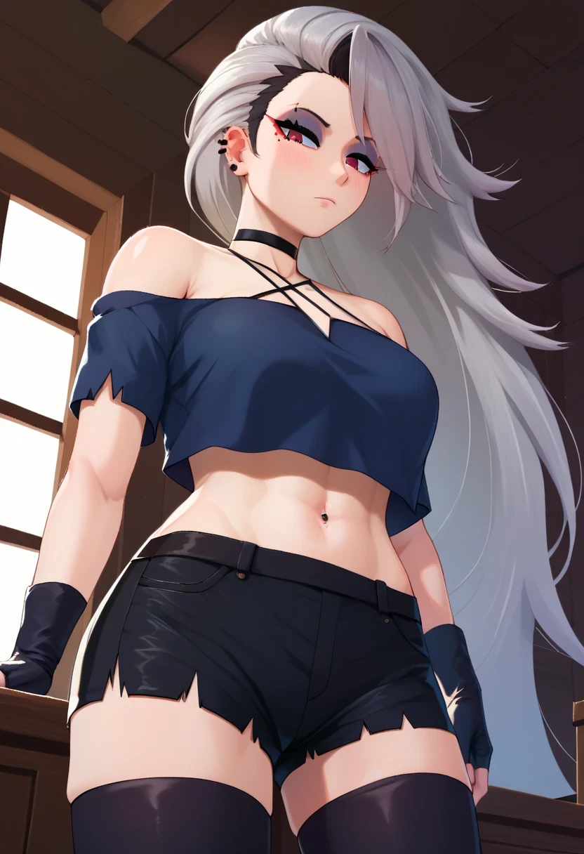score_9, score_8_up, score_7_up, score_9,4k, HD, 8k, highres, antialiasing, detailed, texture, cinematic lighting, BREAK LoonaSDXL, 1girl, solo, long hair, looking at viewer, shirt, red eyes, thighhighs, gloves, navel, bare shoulders, jewelry, very long hair, grey hair, earrings, shorts, choker, black gloves, midriff, black thighhighs, fingerless gloves, black skirt, off shoulder, crop top, makeup, black choker, black shorts, piercing, ear piercing, eyeshadow, off-shoulder shirt, cowboy shot, room, from below