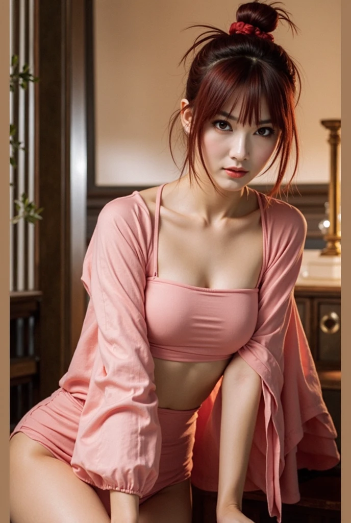 Kasumi, brown eyes, (best quality, ultra-detailed), (realistic:1.37), beautiful and detailed face, ultra-realistic texture, delicate face, delicate body, red lipstick, bright colors. High definition, 8K.