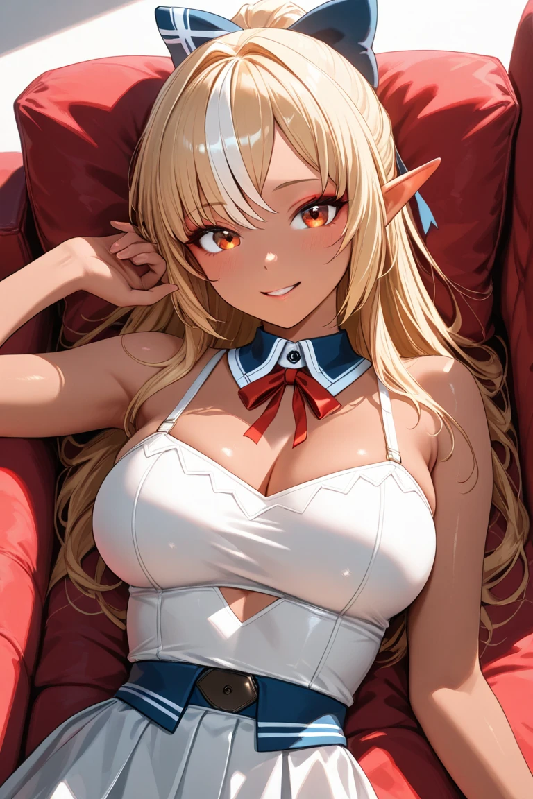 Cinematic lighting、Highest quality、 A room in a Western-style building、Sweaty、(Blonde)、Red and black underwear、Elf girl wearing lingerie、Sweaty、smile、Sitting on the couch、