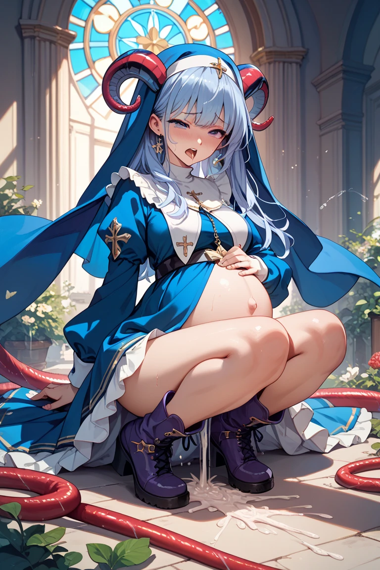 tentacle suit, corruption, hentai, masterpieces, up scale, 16k, RPG game, nun, bitch tattoo, semen on body, blush, fuzzy