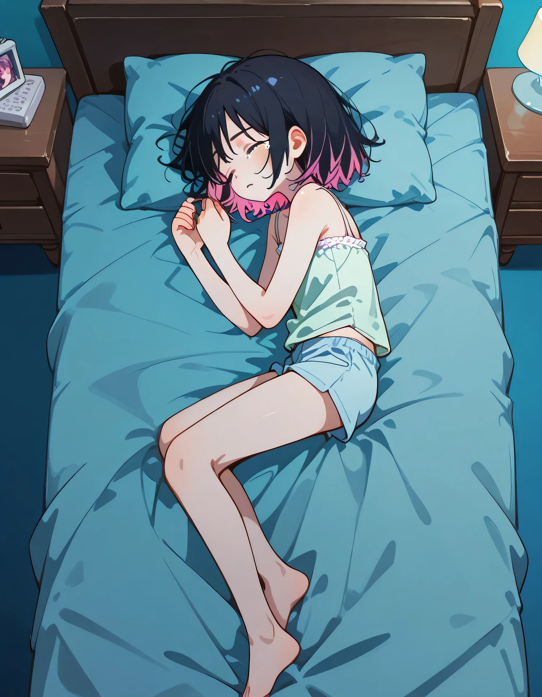 high quality, 最high quality、 Stylish design, (((The cutest girl))), ((Thin legs))、(((最high quality))), High resolution, ((detailed)), ((masterpiece)), ((Super detailed)), 14-year-old girl、Black Hair、Inner Color、((Lying on your back in bed),underwear,I can hit it),((Sexual))