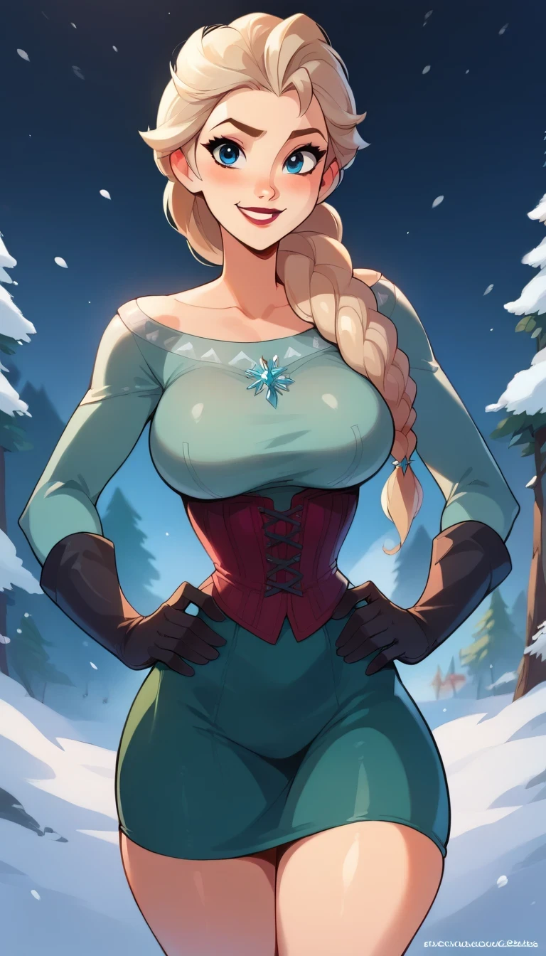 score_9, score_8_up, score_7_up, score_6_up, ElsaXPL hands on hips, winter, corset, gloves, mini skirt, tunic, single braid over shoulder, curvy, huge breasts, narrow waist, wide hips, thick thighs, looking at viewer, dynamic angle, cowboy shot, cartoon, dynamic pose, light smile, cute pose, disney,blizzard,