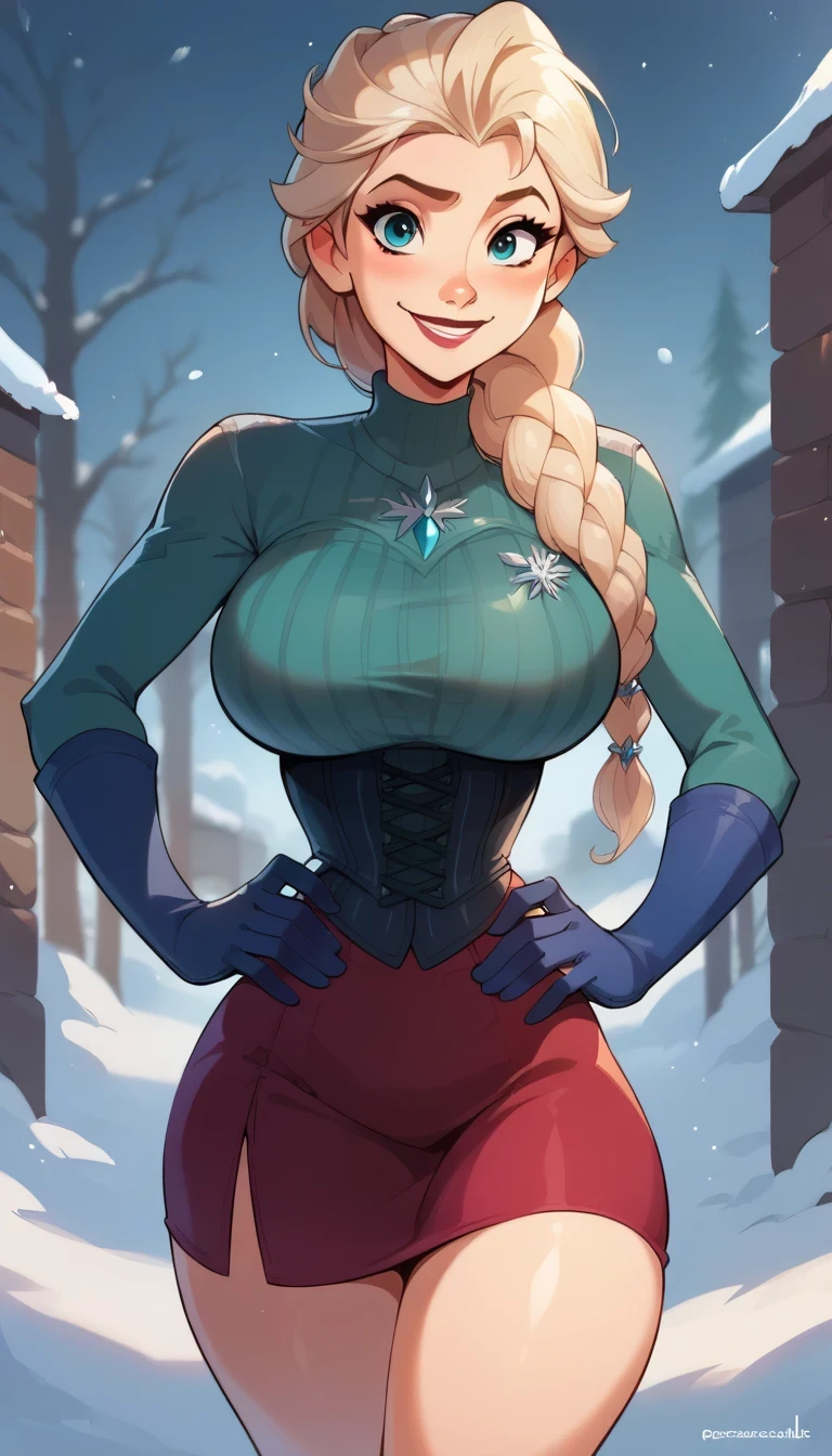 score_9, score_8_up, score_7_up, score_6_up, ElsaXPL hands on hips, winter, corset, gloves, mini skirt, tunic, single braid over shoulder, curvy, huge breasts, narrow waist, wide hips, thick thighs, looking at viewer, dynamic angle, cowboy shot, cartoon, dynamic pose, light smile, cute pose, disney,blizzard,