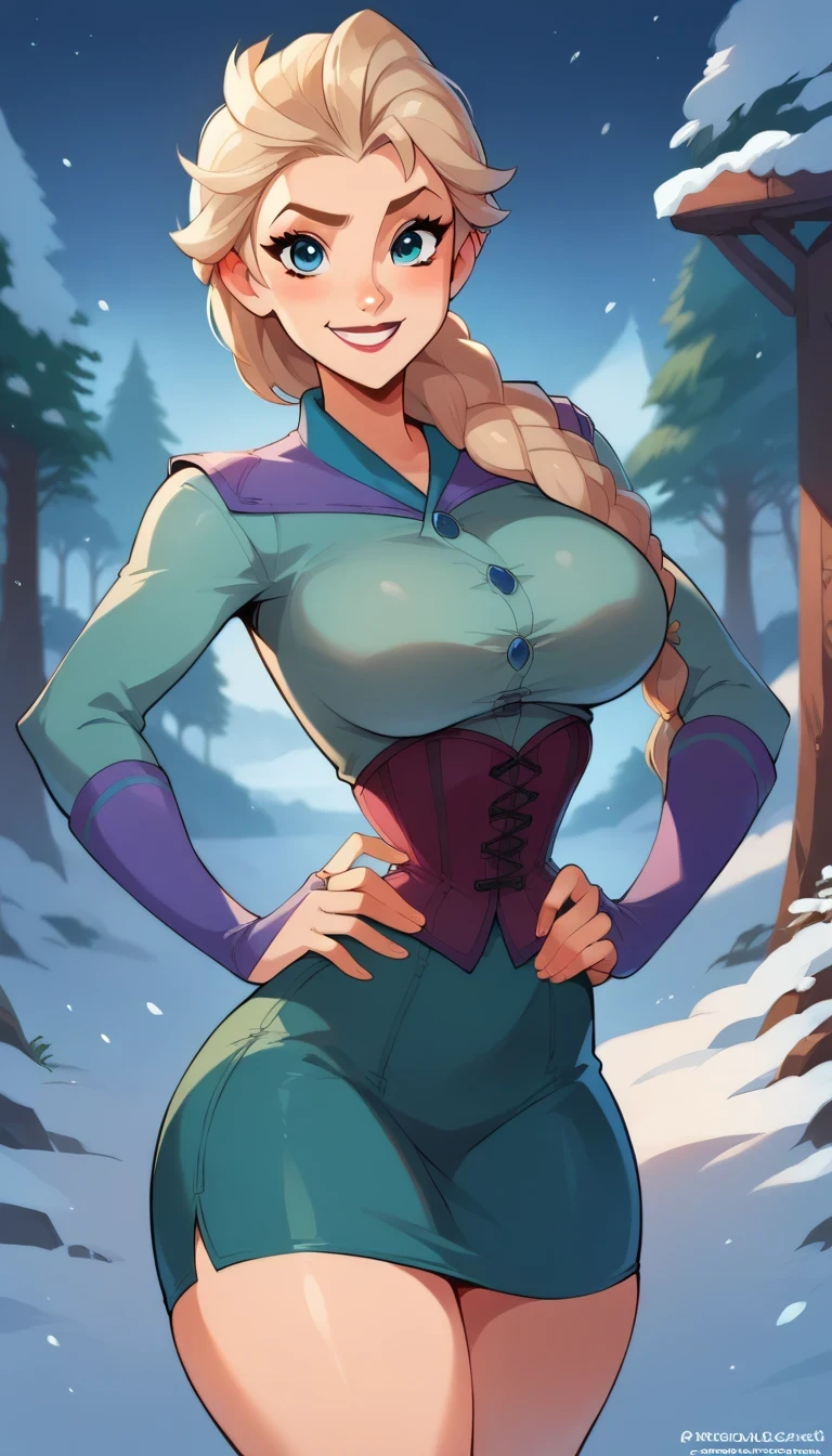 score_9, score_8_up, score_7_up, score_6_up, ElsaXPL hands on hips, winter, corset, gloves, mini skirt, tunic, single braid over shoulder, curvy, huge breasts, narrow waist, wide hips, thick thighs, looking at viewer, dynamic angle, cowboy shot, cartoon, dynamic pose, light smile, cute pose, disney,blizzard,