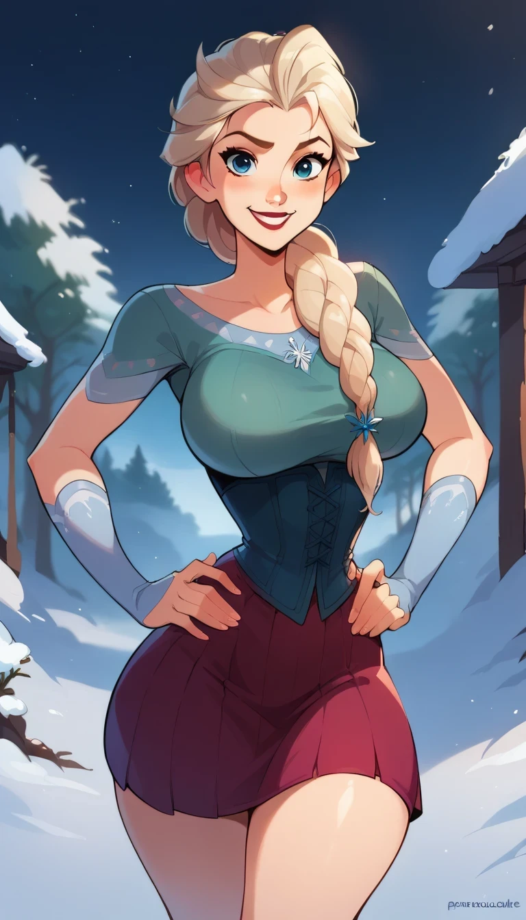 score_9, score_8_up, score_7_up, score_6_up, ElsaXPL hands on hips, winter, corset, gloves, mini skirt, tunic, single braid over shoulder, curvy, huge breasts, narrow waist, wide hips, thick thighs, looking at viewer, dynamic angle, cowboy shot, cartoon, dynamic pose, light smile, cute pose, disney,blizzard,
