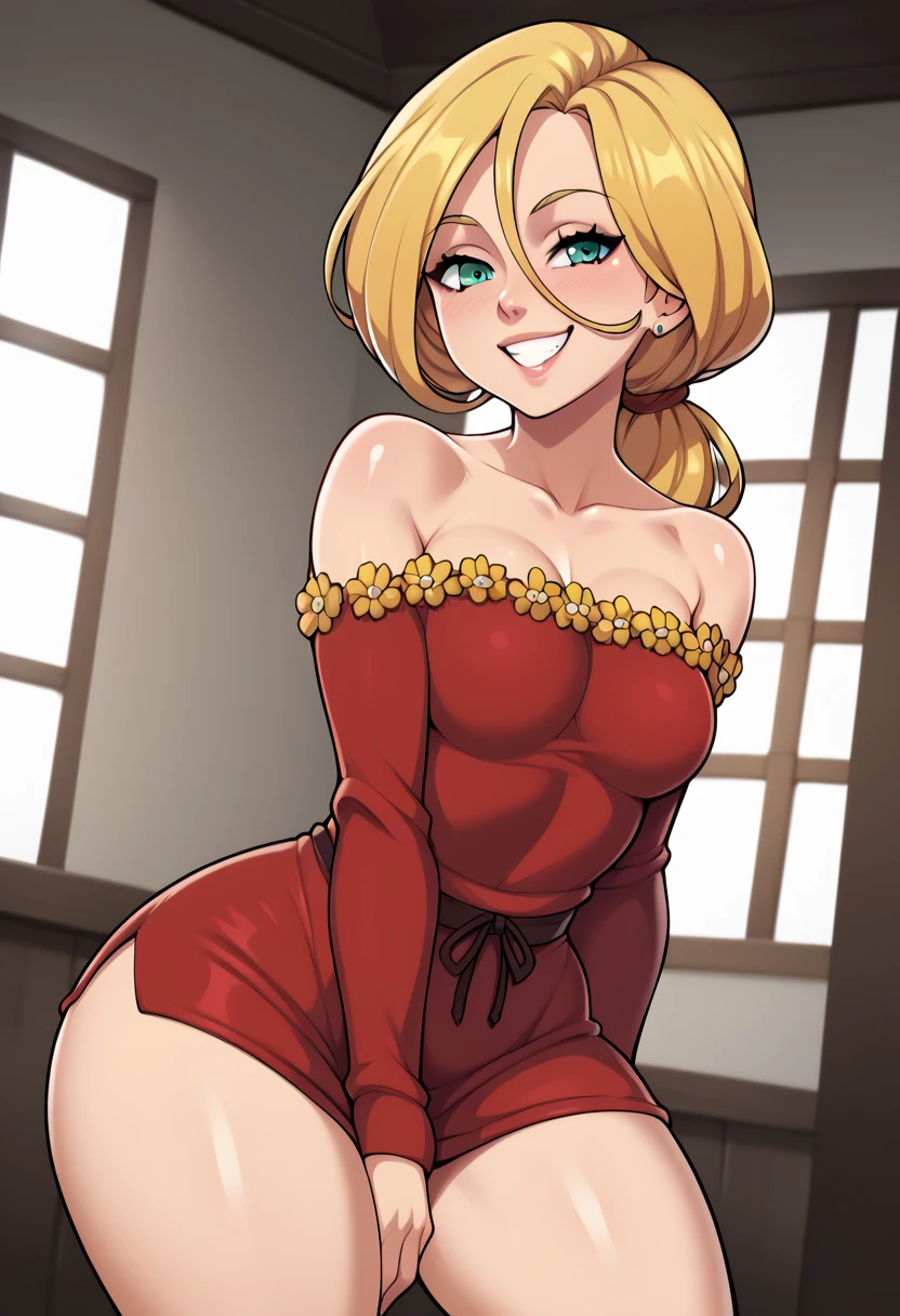 work of art, ,(standing alone:1.1), face perfect, (bright lighting:1.2),beautiful detailed eyes, extreme detailed face, perfect lighting,work of art, best qualityer, ((Woman madura)), ((large breasteds))((with neckline)), 30 year old woman, 1 girl, red lips, Blonde Short, slickedback hair ,provocative, to provoke, lips, lipstick, red lips, red lipstick, milf, large breasted , ssmile, Woman, bold lips, thick lips, very tight cotton pants,color red,white tank top, whole body barefoot,dining room living room,practicing yoga