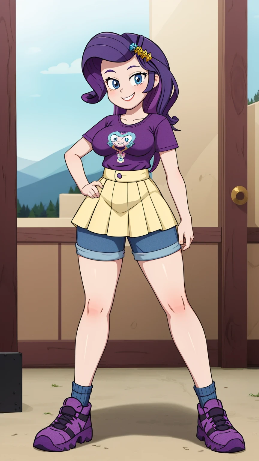 [mina ashido], [Boku no hero academia], ((masterpiece)), ((HD)), ((high res)), ((solo portrait)), ((full body)), ((front view)), ((feet visible)), ((anime)), ((detailed shading)), ((intricate details)), {mina ashido; (pink skin), (cute black eyes), (yellow pupils), short eyelashes, (short curly hair), (medium boobs), (curvy hips), (beautiful legs), (beautiful feet), (blushing), (cute grin), (excited expression)}, {(purple off-shoulder tee shirt), (black lounge shorts)}, {(standing), (hand on hip), (looking at viewer)}, [Background; (living room), (window), (blue sky), (sun rays), (ambient lighting)]