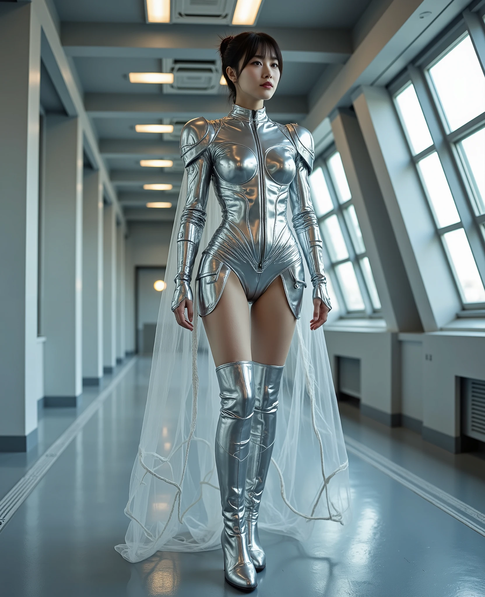 (table top:1.0), (best quality:1.4), (high resolution:1.2), (realistic:1.4), (8K, raw photo:1.2), (soft focus:1.4),A girl wearing a latex swimsuit under a coat is standing on the steps of the school and taking pictures..............................................................,full body lesbian, 그녀는 라텍스 롱코트 아래에 latex silver bikini를 입고 있습니다., She is wearing a latex chocolate long coat ,(latex silver bikini:1.3),Slime Skins,long coat transparent, soft and tight bikini,( Glossy satin chocolate coat:1.5), translucent skin,latex, Translucent body,latex shining,(Glossy latex pool gloves:1.2), Bikini that fits perfectly against the skin,bob hair,glossy shining reflective coat,natural makeup,japanese goddess, shiny skin,gorgeous japanese model,Tecateka,shining,unpleasant,(glossy thigh high boots:1.2),enlargement
