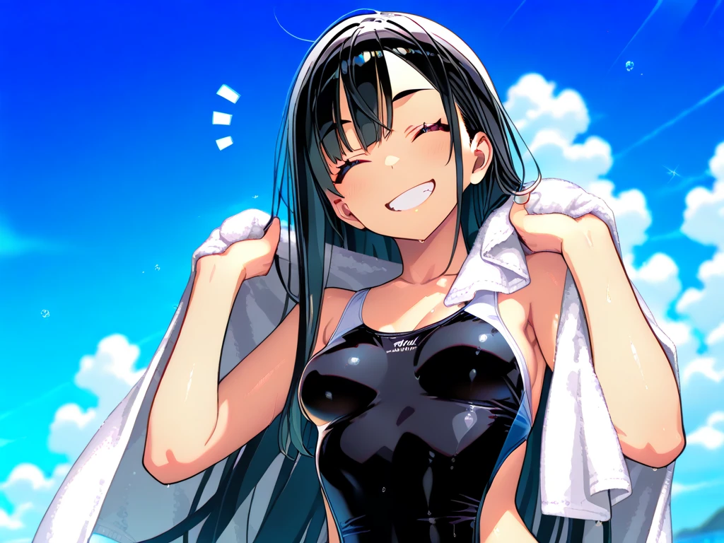 「highest quality、masterpiece、An illustration、very delicate and beautiful、very detailed、cg、8k wallpaper、wonderful、small details、masterpiece、最高の究極の芸術very detailed cg Unity 8k wallpaper」、japanese girl、(((huge breasts 1:1)))、(((Super Big 1:1)))、(((Pee)))、(((Nipples showing through)))、(((I can see your breasts)))、(((huge nipples)))、(((Blue School Swimsuit)))、(((black hair)))、(((short hair)))、(((NSFW1:1)))