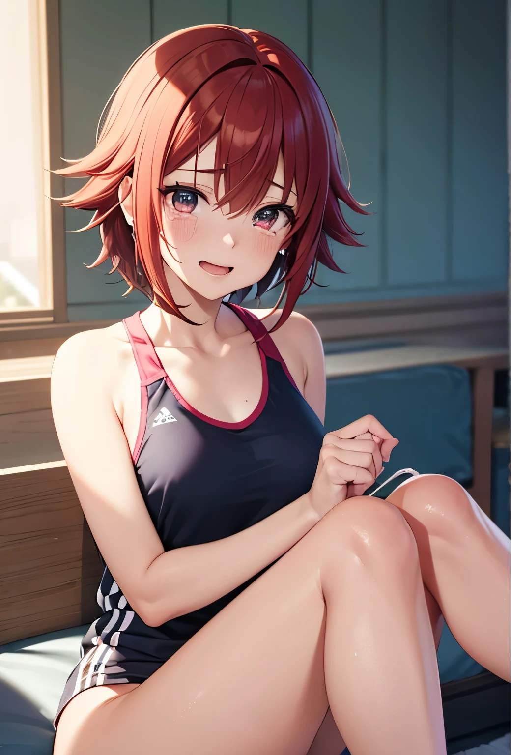 8k, best quality, masterpiece, ultra-detailed,1girl,solo,short hair, green eyes,red hair,White t-shirt, White shirt,red shorts, sitting on the field, training ground, morning, bright sun, looking away,ultra detail, ultra HD,full body photo