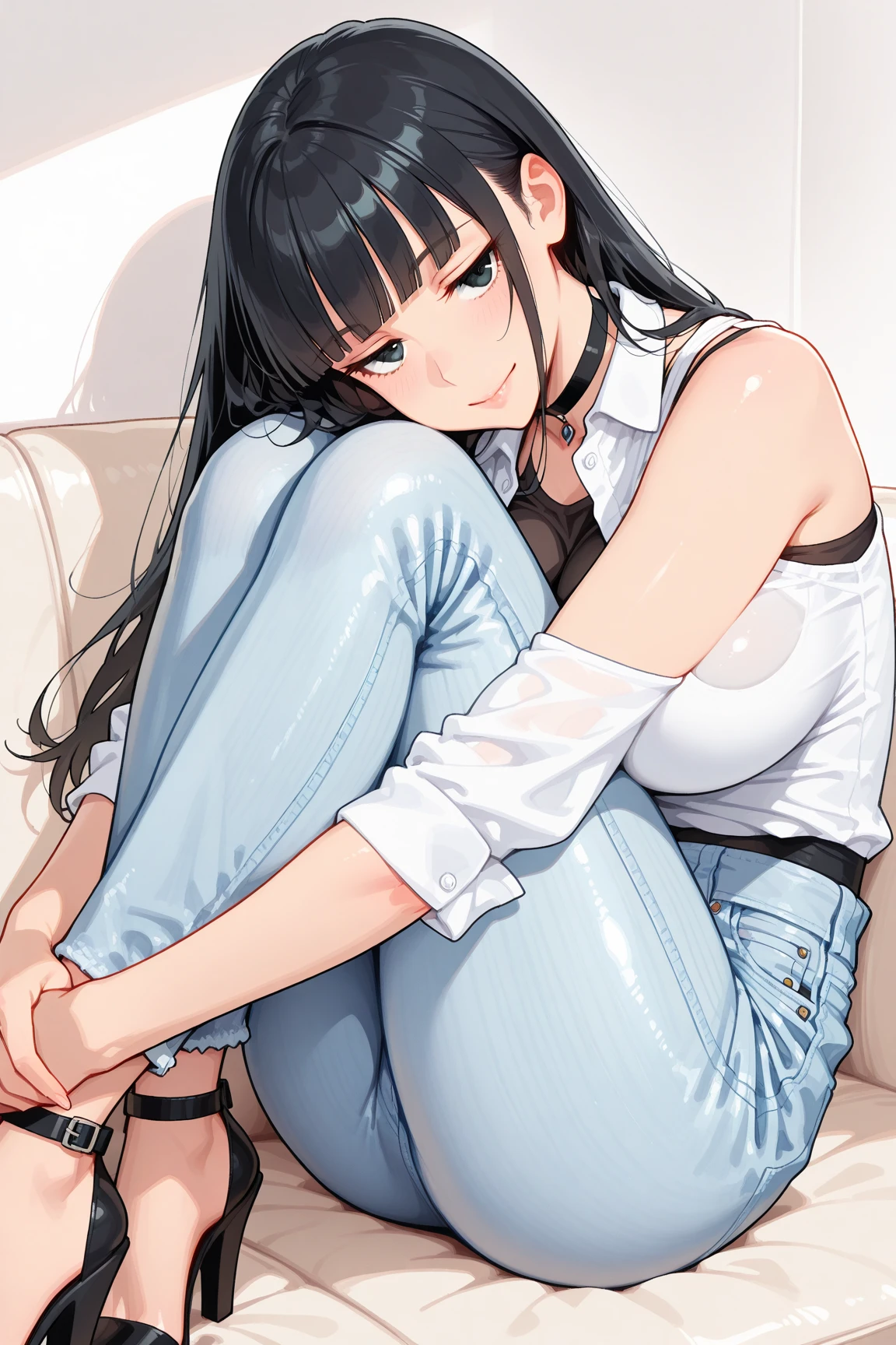 4k高清,1girll, 独奏, She wears white underwear,Wear blue denim shortposing thighs,sit on chair,Extra big,Perfect handody sweating,Black color hair