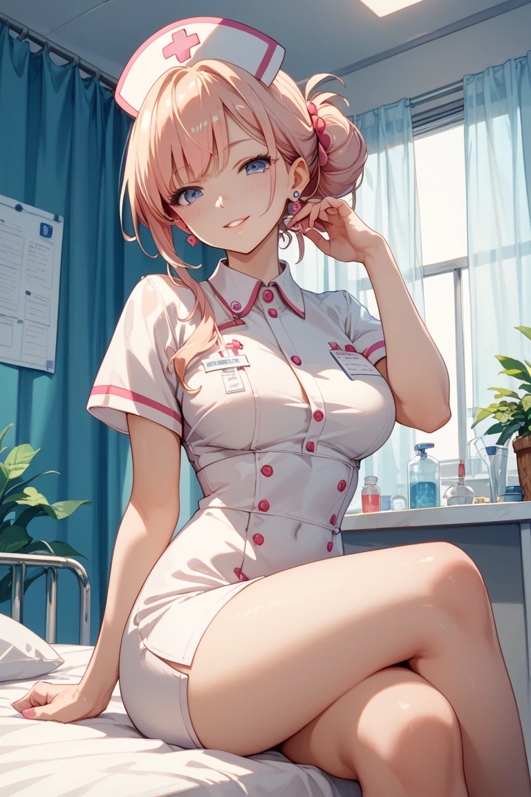 (8K, masutepiece, Best Quality, Official art, 2D, beautiful lighting, The best masterpiece in history that exceeds limits, beautiful detailed), (1 Girl, Solo), (sixteen years old), (beautiful detailed face), (shiny white skin), (Beautiful big bust, cleavage:1.3), (thighs, legs:1.3), (beautiful detailed pink twin tails hair, Bangs:1.3), (beautiful detailed drooping pink eyes:1.5), (white Nurse uniform, short length tight skirt:1.3), (happy smile:1.2), (Attractive, sensational, Look at the camera, cute pose), breathtaking scenery, (hospital, bed:1.2),