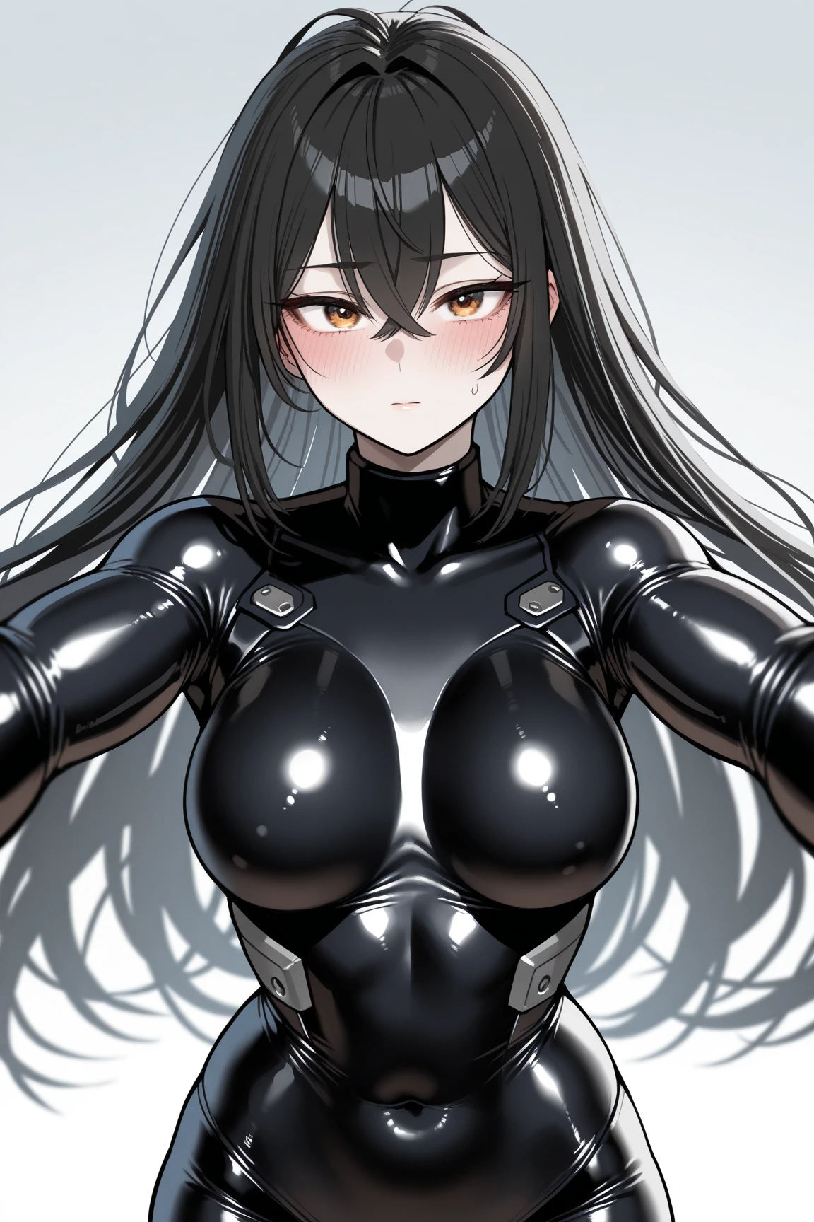 empty eyes,robotization,woman ,big bust,Robot Joint ,Metal skin,Black Suit,long hair,a black suit that covers the whole body